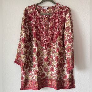 Sevya Handmade Silk Blend Floral Embroidered Tunic Blouse Sz L Artsy Hippie Boho